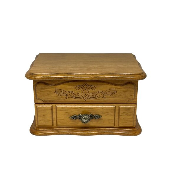 VTG Montgomery Ward Wood Jewelry Box 7.5x5 Rustic Floral Drawers Keepsake Chest - Picture 1 of 9